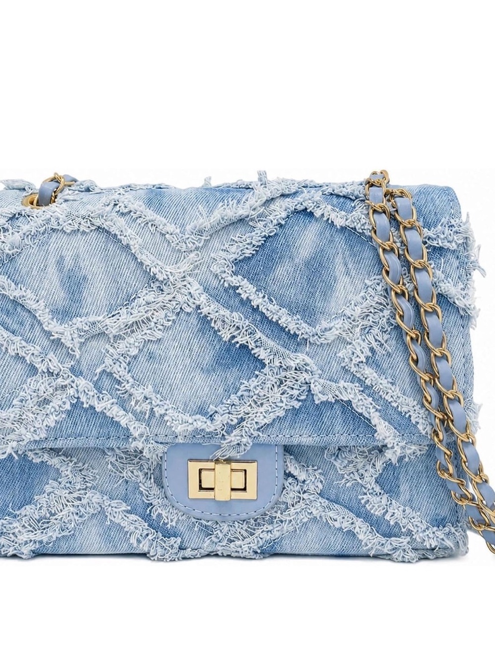 Light Blue Denim Quilted Chain Shoulder Bag